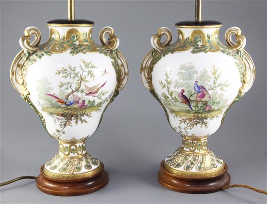 A pair of Minton Sevres style porcelain vases, c. 1860, total height to electric fitting 43cm